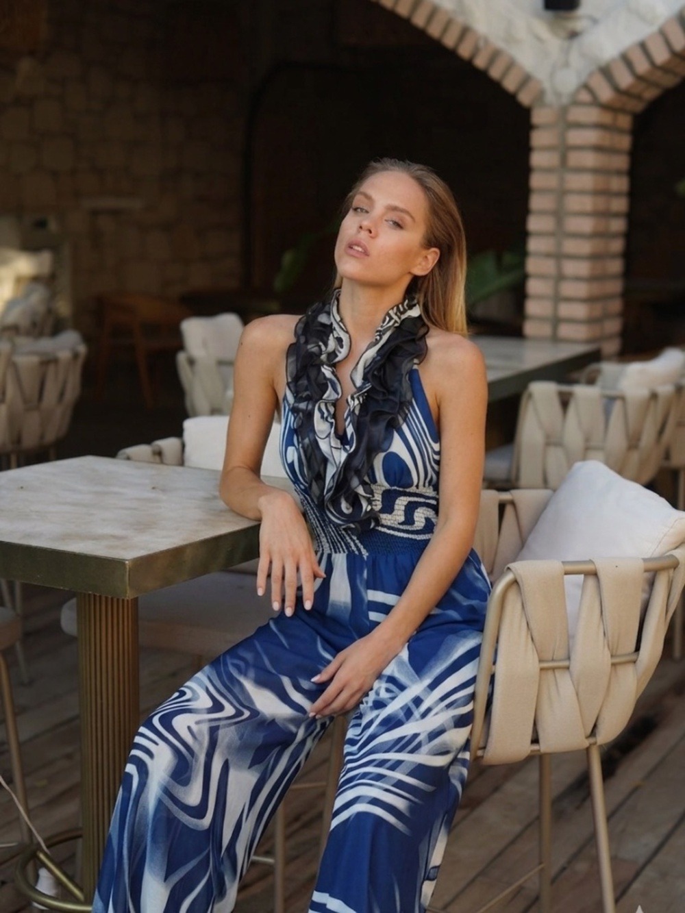 🪩 Studio 54-Inspo Black & White Halter-Top Jumpsuit w/ Ruffled Detail 🪩